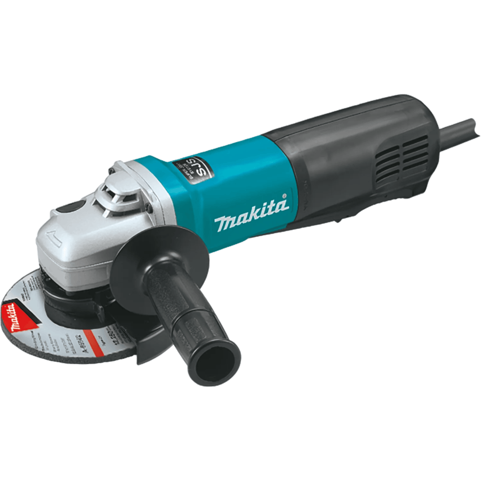 Yes, this is a Makita angle grinder. It has a teal mid-section with the "Makita" logo, transitioning to a black handle at the rear and a silver-colored gear housing at the front where a grinding disc is attached. A black auxiliary handle is screwed into the side of the gear housing.