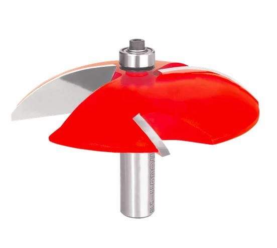 Freud 99-518 3-1/2" Raised Panel Bit with red coating and multiple blades for smooth wood panel edges.