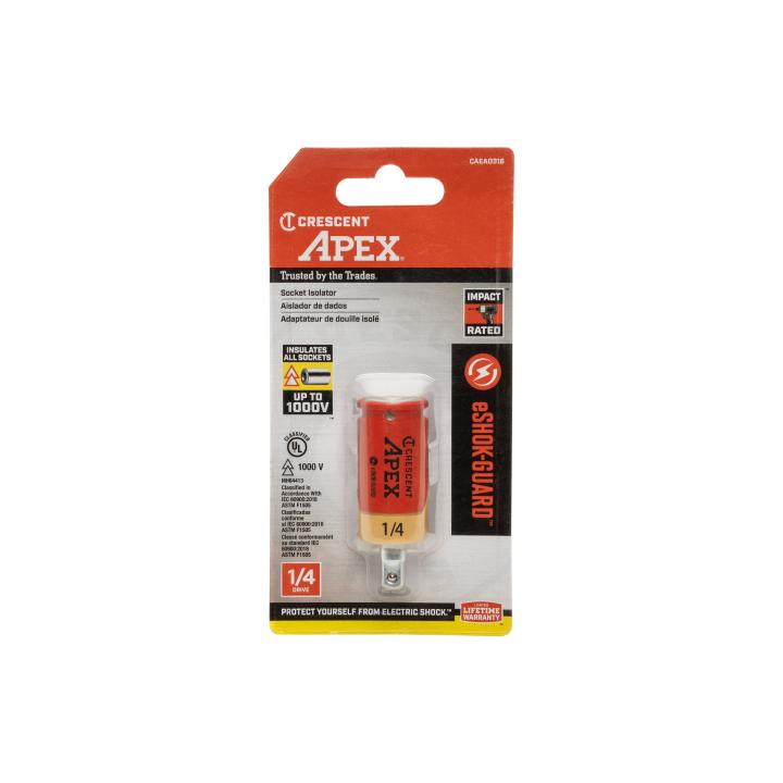 "This is a tool adapter, encased in a cardboard package, designed to provide electrical insulation when using sockets." "The packaging highlights safety features, emphasizing protection against electric shock up to 1000 volts, and it contains a 1/4 inch drive socket isolator."