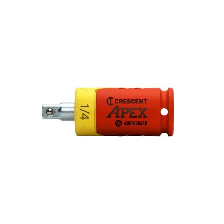 This tool is a socket adapter with a red and yellow plastic sleeve. It is designed to protect you from electric shock when working on electrical equipment. The socket is 1/4 inch and has a small hole for a lanyard.