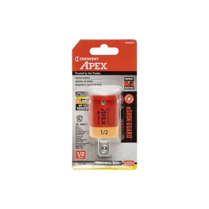 The image shows a tool accessory in a package. The accessory is cylindrical and made of red and yellow material. The package has information printed on it.