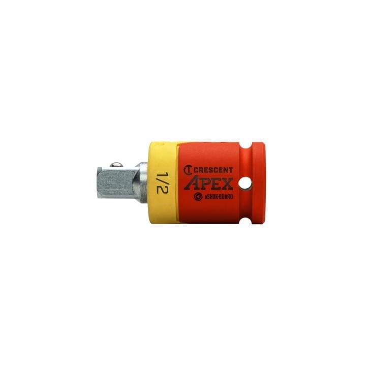 The image shows a tool accessory. It's cylindrical with a metal connector on one end. It's made of red and yellow material.