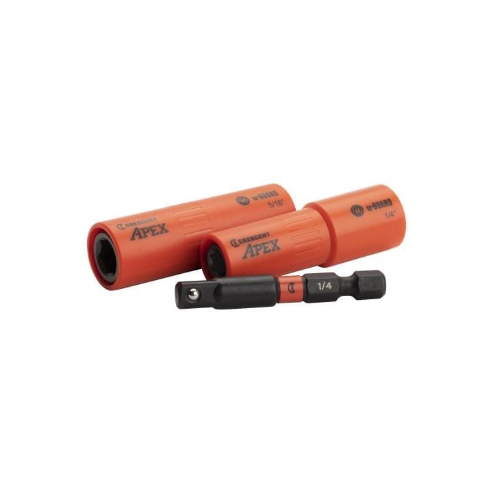 Image of Crescent 3 Pc. u-GUARD™ 1/4" Covered Socket Set. The image shows a set of three orange Crescent Apex U-Guard sockets. The set includes a 5/16" and a 1/4" covered socket, along with a 1/4" bit.