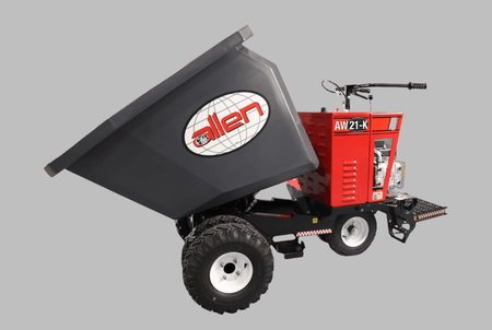 Allen WHEEL BUGGIES - AW21-K: The image depicts a red construction vehicle with a large, dark gray, tilted bucket in the front. It appears to be a motorized wheelbarrow or dumper, designed for moving materials on a job site. The vehicle has thick, textured tires and a simple handlebar for steering.