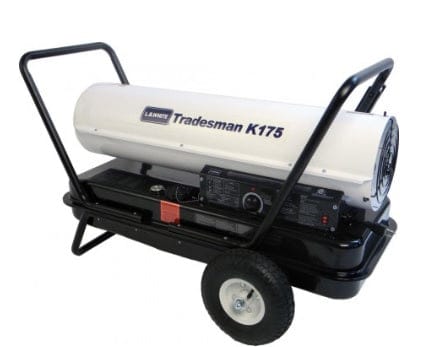  L.B. White Tradesman K175 portable forced air kerosene heater. It's designed to heat large spaces like garages or construction sites. You can see the long, cylindrical white heating unit mounted on a black frame with wheels and handles for portability. The "L.B. White Tradesman K175" branding is clearly visible on the side