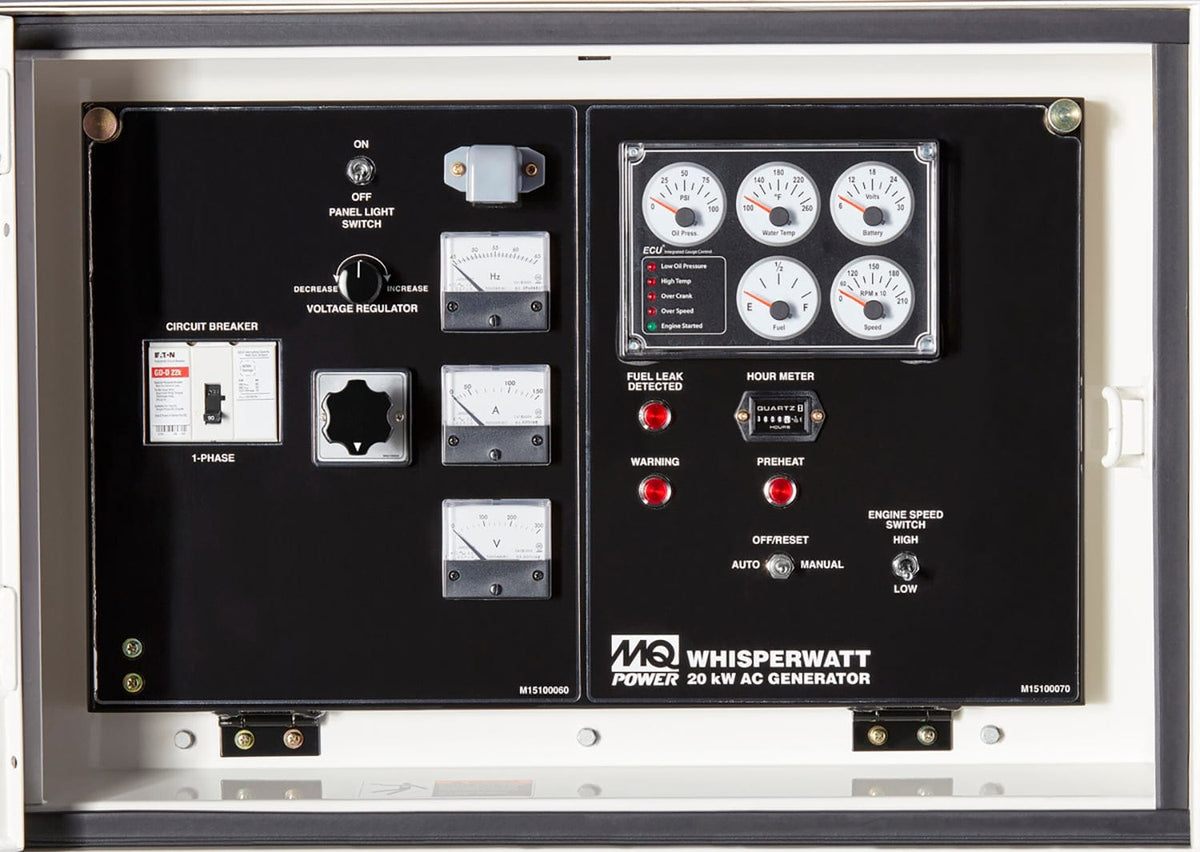  Flat panel with various switches, a turning knob, and several round and square gauges with raised needles indicating different readings. There are also indicator lights and a digital display, along with sliding and toggle switches to control the generator's functions like lights, voltage, circuit breaking, and engine speed.