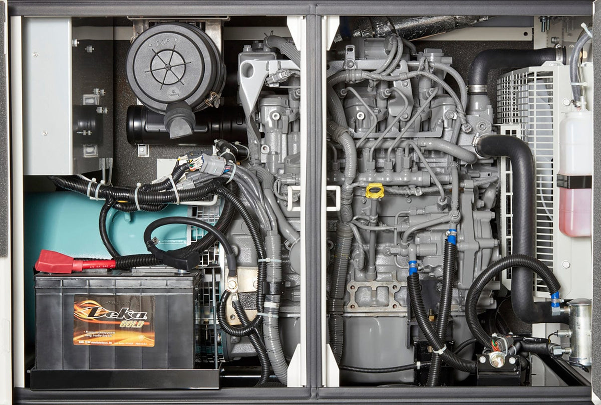 Open compartment of the generator, you feel a densely packed space filled with various mechanical and electrical components. There are thick, flexible hoses with ridges, a large cylindrical air filter, and a substantial rectangular battery with raised terminals and thick cables attached. You can also trace numerous wires and smaller tubes connecting to a complex, solid structure with various bumps and curves – this is the engine. You might also feel a container holding liquid and a large, finned panel, like
