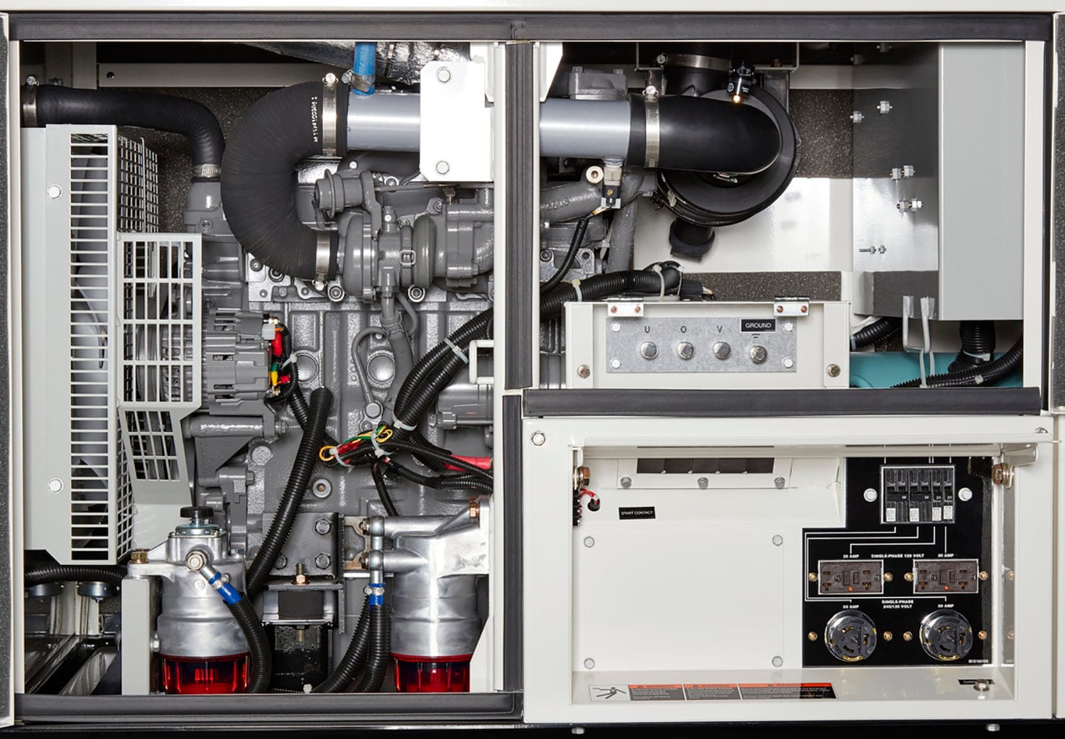  Open interior of the generator, you can feel a complex arrangement of machinery. There are thick, flexible hoses and numerous wires bundled together. You encounter a solid, textured block that is likely the engine, with various smaller components attached to it. You might also feel a large, finned panel, probably a radiator for cooling. On a nearby panel, there are several smooth, round knobs and some rectangular switches. The overall impression is of a tightly packed and powerful piece of equipment.