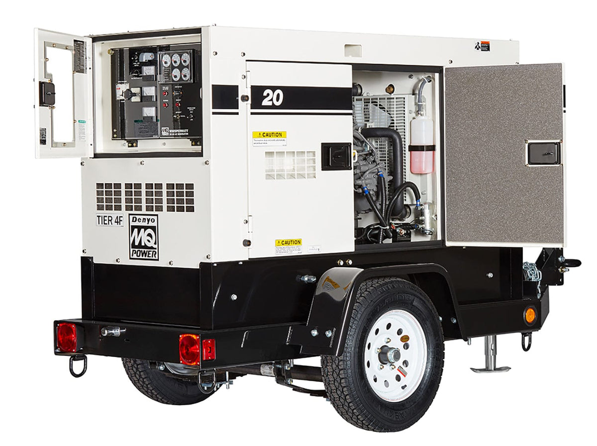  The same large, boxy metal structure on wheels as before. Now, one of the side doors is open, revealing a panel filled with various switches, dials, and perhaps some lights and buttons you could explore with your fingers. Another door on the side is also ajar, hinting at the complex machinery housed inside, likely an engine and other components that work together to generate power. This is a portable generator, ready to supply electricity wherever it's needed.