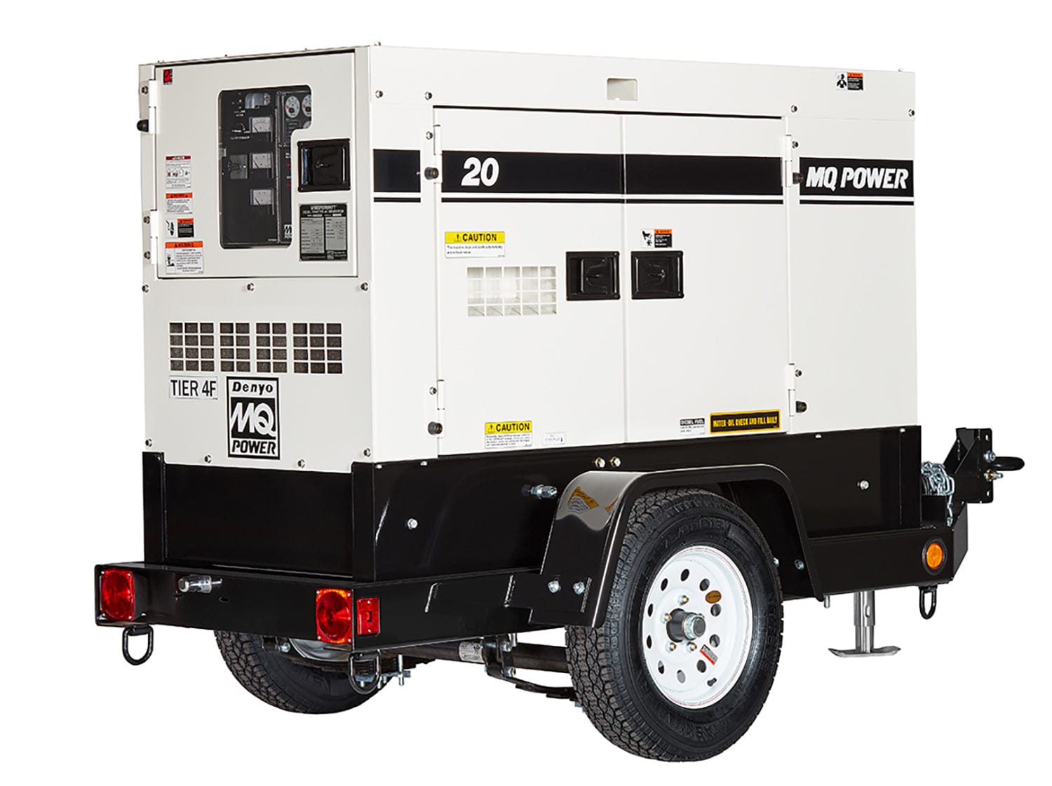  A large, boxy metal structure on wheels, like a small trailer. One end has a panel with various switches and outlets you could feel, suggesting it's a control area. The sides have smooth panels with some markings and vents. This is a portable power generator, designed to be towed to different locations to provide electricity.