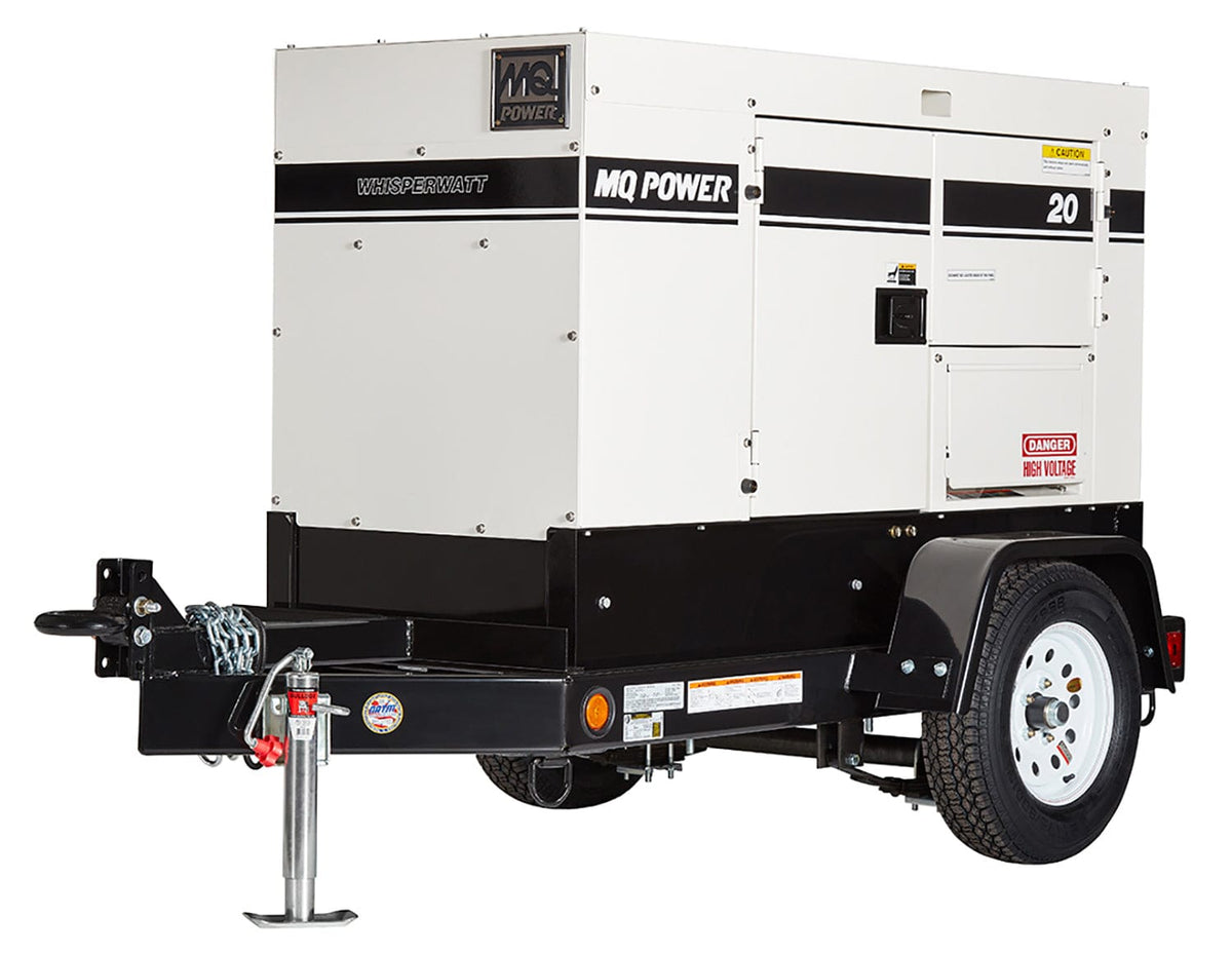  Large, rectangular metal box on wheels, with a towing hitch extending from one end. The box has smooth sides with some horizontal markings and possibly a door or two. You might also feel some vents for airflow. This is a portable power generator, designed to be easily transported and provide electricity wherever it's needed.