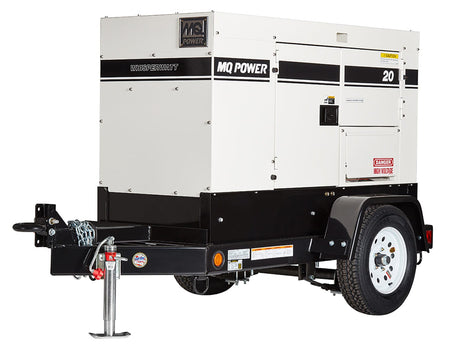  Large, rectangular metal box on wheels, with a towing hitch extending from one end. The box has smooth sides with some horizontal markings and possibly a door or two. You might also feel some vents for airflow. This is a portable power generator, designed to be easily transported and provide electricity wherever it's needed.