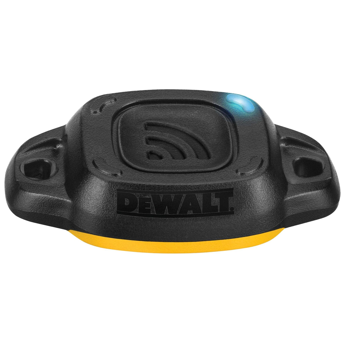 
This image shows a compact, black DeWalt Tool Connect Bluetooth GPS Tracker with a yellow base, resembling a small, rounded puck. On its top surface, there's a raised square section with a Wi-Fi-like signal icon, and a small blue light is illuminated towards the upper right, indicating power or connectivity. The "DEWALT" logo is embossed in black letters on the front face of the tracker.