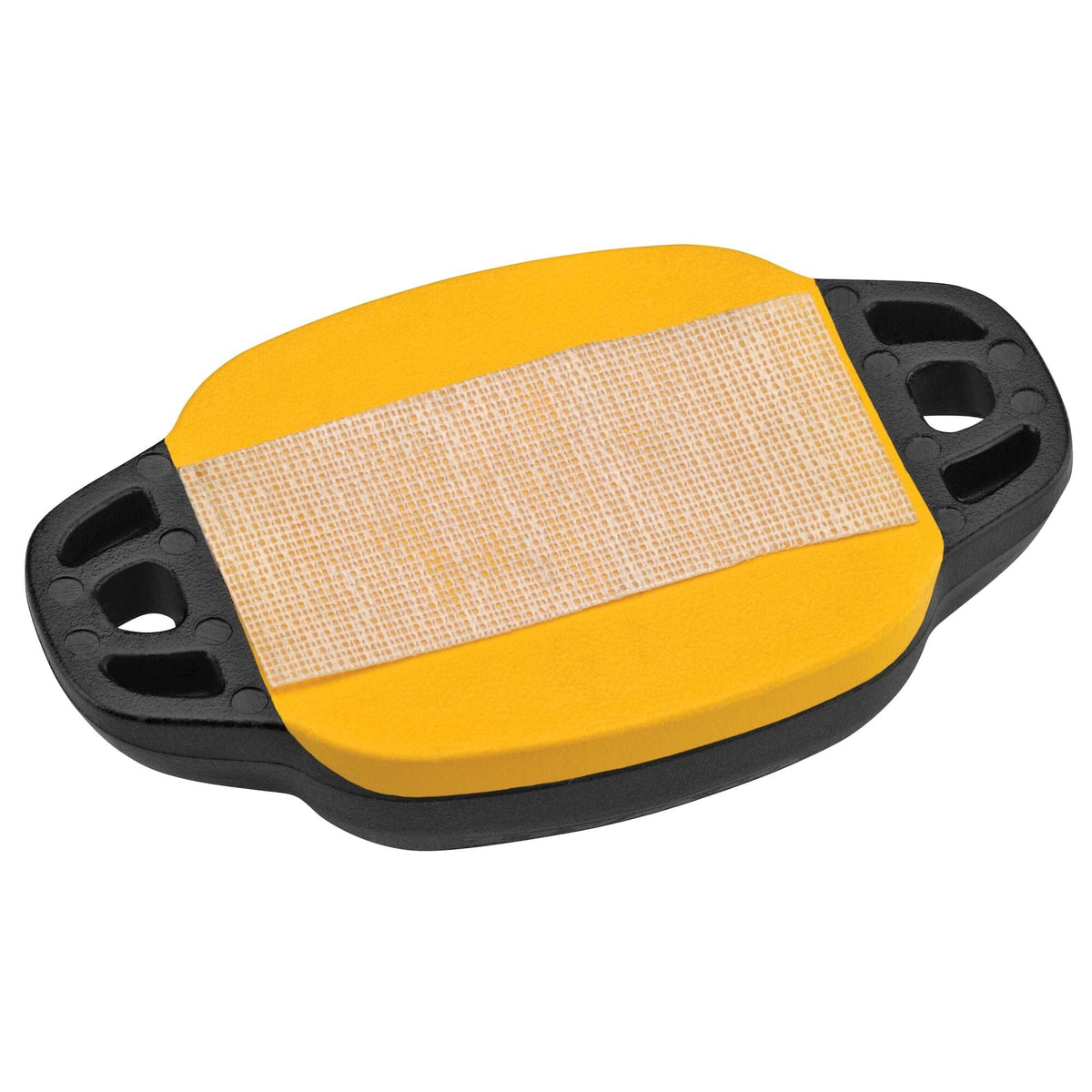 
This image displays the underside of a DeWalt Tool Connect Tag, showing its black, elongated base with two attachment holes on either side. The central portion of the underside is yellow, with a rectangular beige adhesive strip, textured like fabric, applied across it. This strip is likely for securing the tag to a tool or surface.