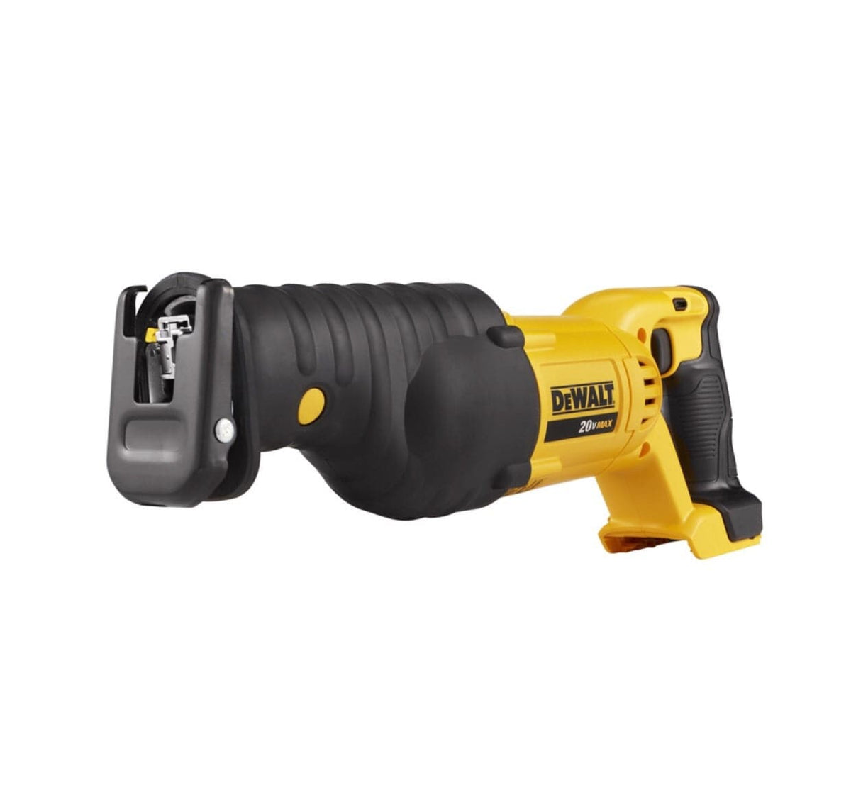 Front-Side Aspect of Reciprocating Saw. The image features a yellow and black Dewalt 20V MAX reciprocating saw, angled slightly to the right. The saw has a black front section where the blade would be inserted, a textured black midsection, and a yellow handle with a black grip.