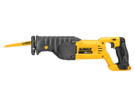 Side Profile Reciprocating Saw. The image shows a yellow and black Dewalt 20V MAX reciprocating saw lying horizontally. A yellow saw blade extends from the black front of the tool, which transitions into a black textured midsection and a yellow handle with a black grip at the rear.