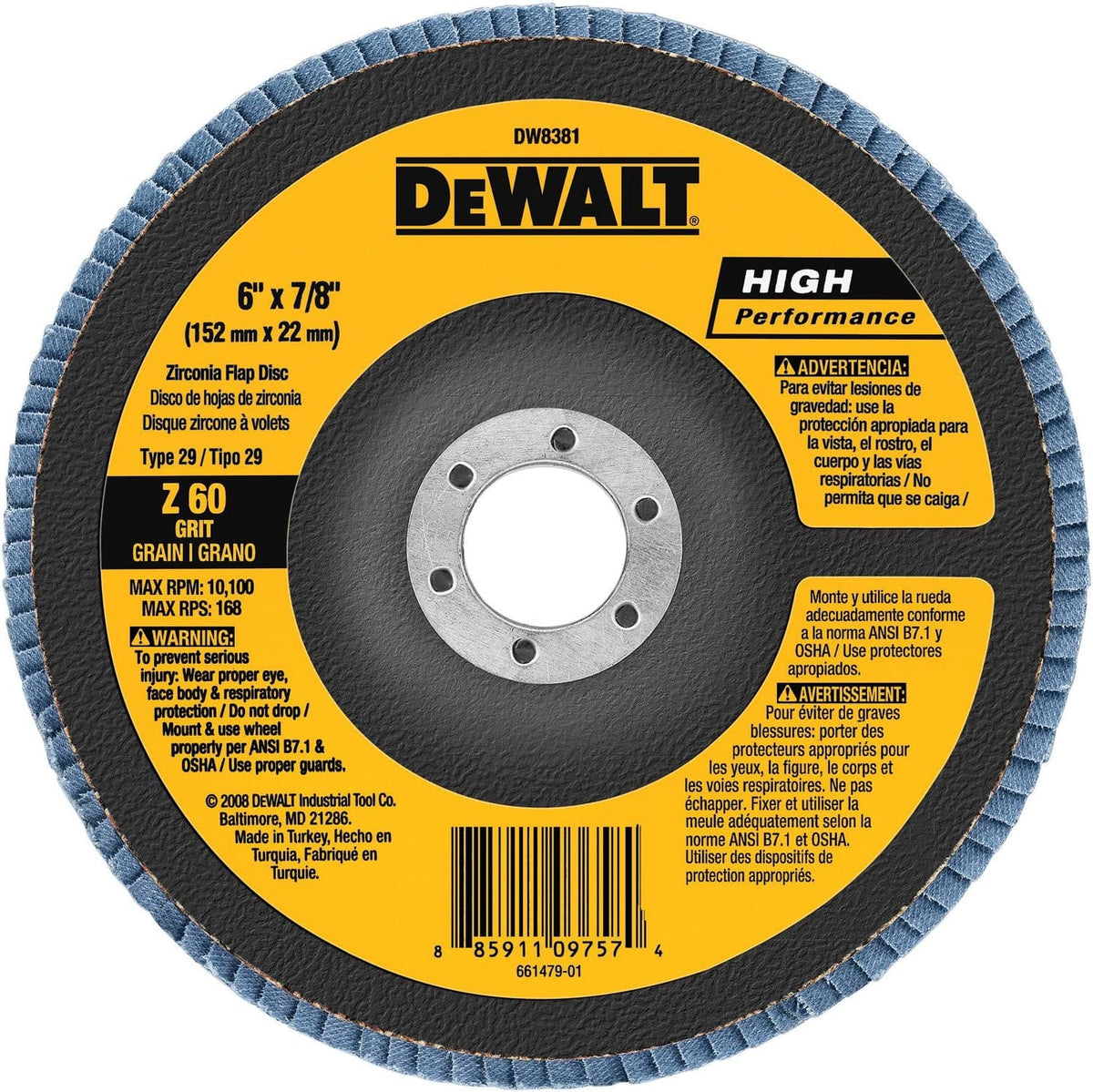 Image of 6" x 7/8" Flap Disk. This is a close-up of a round DeWalt grinding disc, measuring 6 inches by 7/8 inches, with a textured blue surface and a central hole. The disc features prominent yellow and black DeWalt branding, along with safety warnings and a barcode at the bottom.