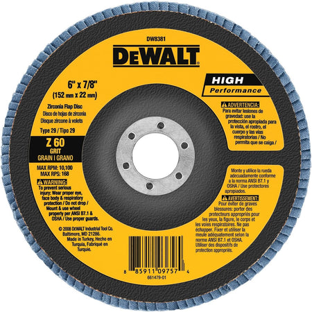 Image of 6" x 7/8" Flap Disk. This is a close-up of a round DeWalt grinding disc, measuring 6 inches by 7/8 inches, with a textured blue surface and a central hole. The disc features prominent yellow and black DeWalt branding, along with safety warnings and a barcode at the bottom.