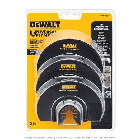  This image shows a DeWalt Universal Fitment Bi-Metal Oscillating Flush Cut Blade set. You can see three crescent-shaped saw blades with the "DEWALT" and "WOOD WITH NAILS" branding clearly printed on them. The packaging indicates it's a 3-piece set and highlights its "Universal Fitment," listing compatibility with various oscillating tool brands like Fein, Bosch, Dremel, Rockwell, Porter-Cable, and others. The blades are designed for flush cuts in wood that might contain nails.