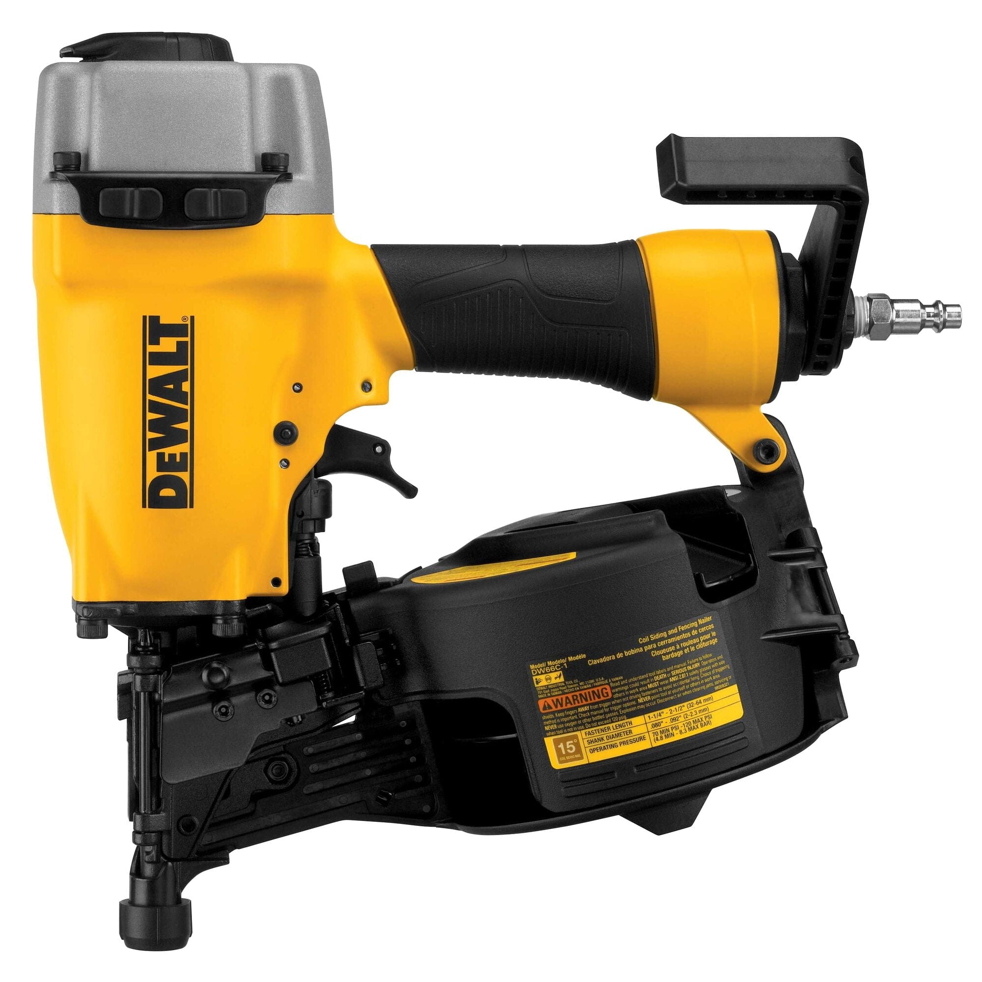 The image shows a bright yellow and black power tool, a nail gun, positioned at a slight angle against a plain white background. The tool features a prominent "DEWALT" logo on its yellow body, and has a black handle and a black plastic component near the bottom with a yellow warning label. The tool is likely the Dewalt DW66C-1 15 Degree Coil Siding and Fencing Nailer, often used in construction.