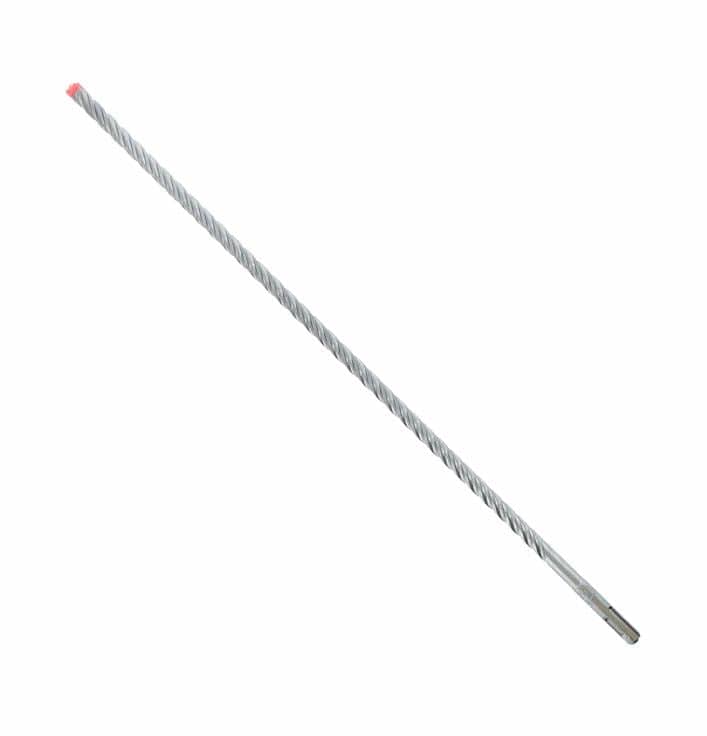 Diablo Rebar Demon™ SDS-Plus 4-Cutter Drill Bits. This image displays a long, gray masonry drill bit with a continuous spiral pattern along its entire length. The tip is slightly blunted and reddish-orange, indicating its purpose for heavy-duty drilling in materials like concrete.
