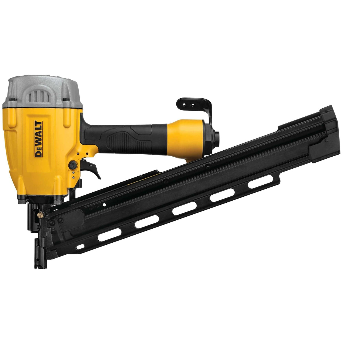 Side Aspect of Framing Nailer. The image shows a yellow and black Dewalt 21 Degree Plastic Round Head Framing Nailer. The power tool has a black handle and a yellow body.