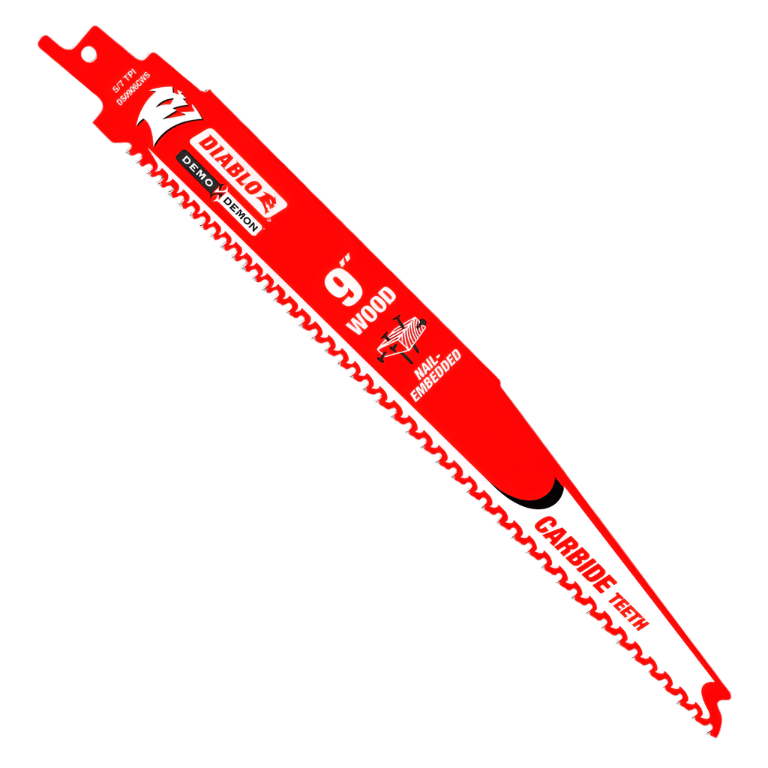 Diablo 9" Carbide Recip Blade for Nail-Embedded Wood. The image shows a bright red Diablo Demo Demon 9-inch reciprocating saw blade designed for cutting wood, including nail-embedded wood. The blade has prominent carbide teeth along its edge, and white text indicates its brand, length, and intended use.