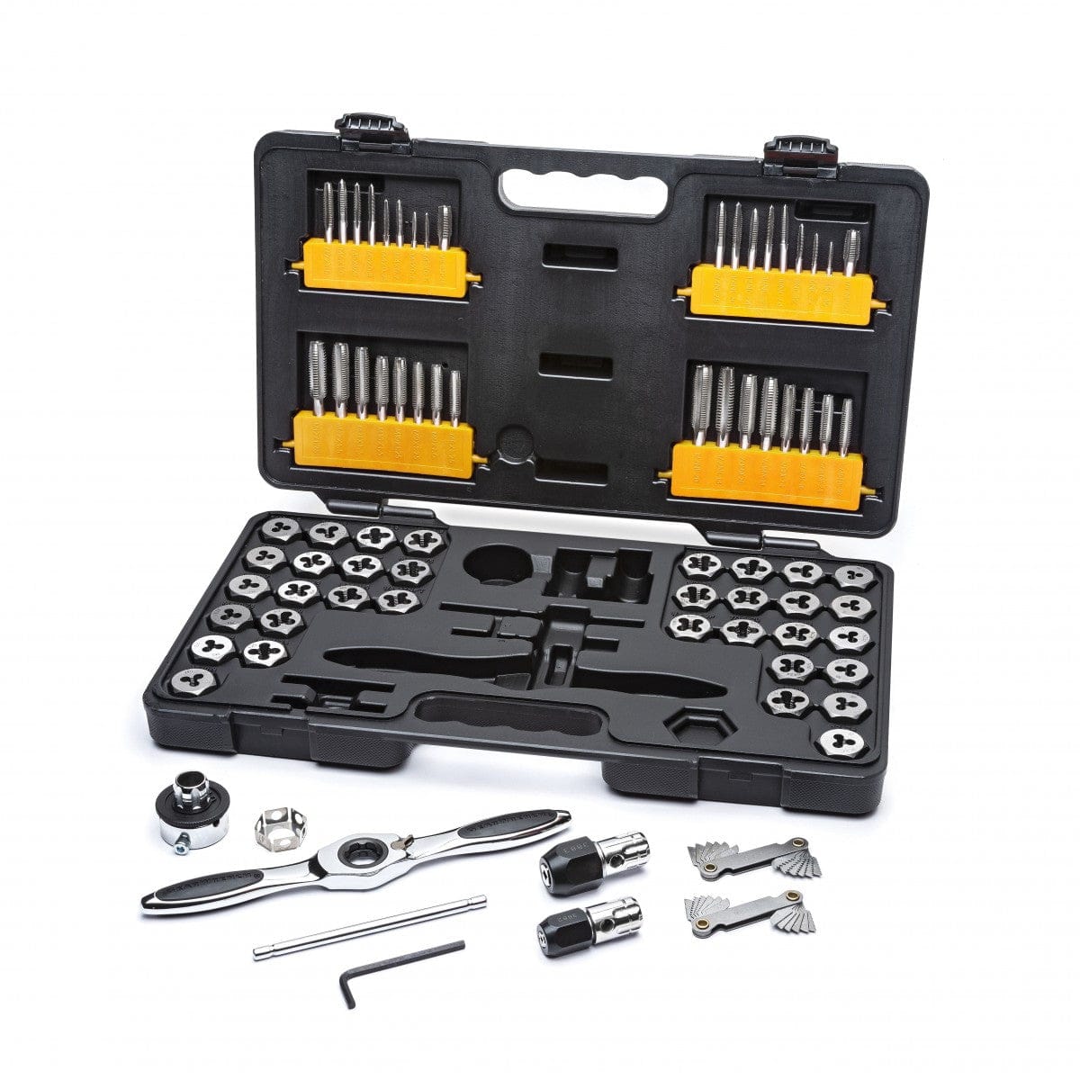 The image shows a black plastic case, partially open, revealing a neatly organized set of small metal tools, including taps and dies, arranged in rows.  Below the open case are several larger tools, such as a wrench with a long handle and various adapters, all laid out on a white surface.