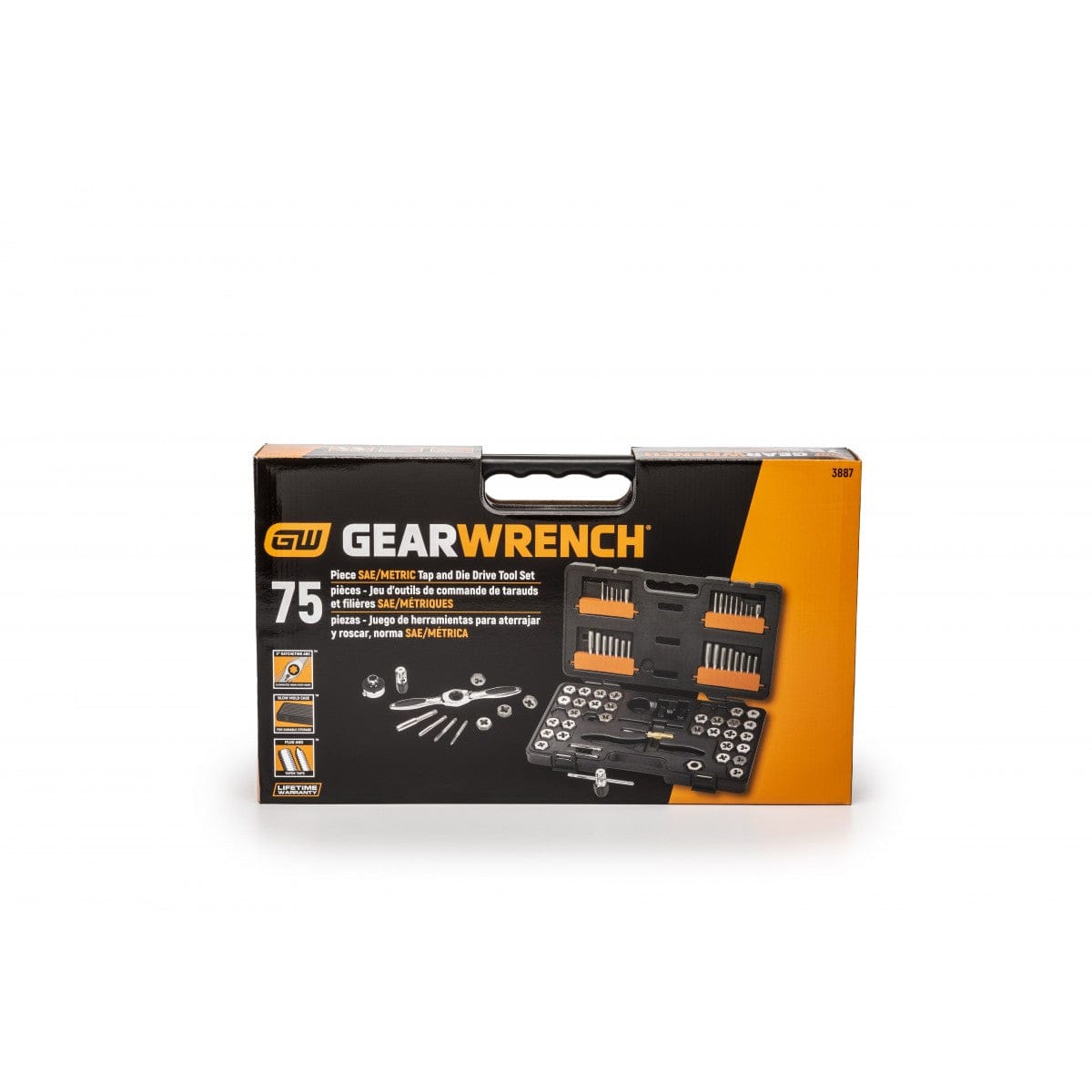 The image shows a rectangular retail box with a handle, featuring the Gearwrench logo and the number "75", indicating the contents.  Inside the box, visible through a cut-out, is a black plastic case containing a set of small metal tools.