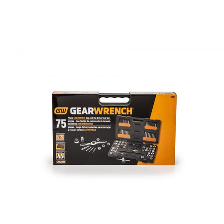 The image shows a rectangular retail box with a handle, featuring the Gearwrench logo and the number "75", indicating the contents.  Inside the box, visible through a cut-out, is a black plastic case containing a set of small metal tools.