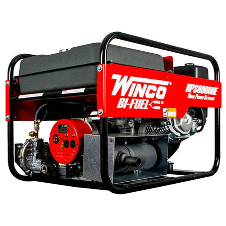  Winco HPS6000HE Portable Bi-Fuel Generator. You can clearly see the "WINCO" logo in large white letters on the red side panel, along with "HPS6000HE" and "BI-FUEL" markings.