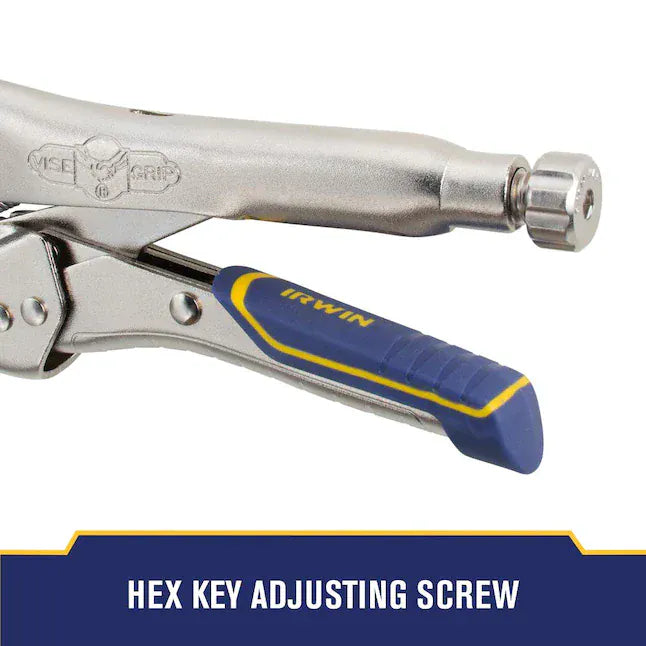 This  close-up image clearly shows the handle of an Irwin Vise-Grip tool. You can see the "IRWIN" logo printed on the blue and yellow ProTouch™ grip. This type of handle is characteristic of many Irwin Vise-Grip locking pliers and other hand tools, designed for comfort and reduced hand fatigue.

