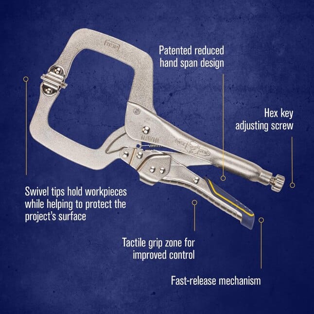 Imagine a large "C" shape made of metal with textured, round pads on the ends to grip things gently. Attached to this "C" is a handle with a comfortable, ridged grip in blue and yellow, and a knob at the end you can turn to adjust how tightly it holds.