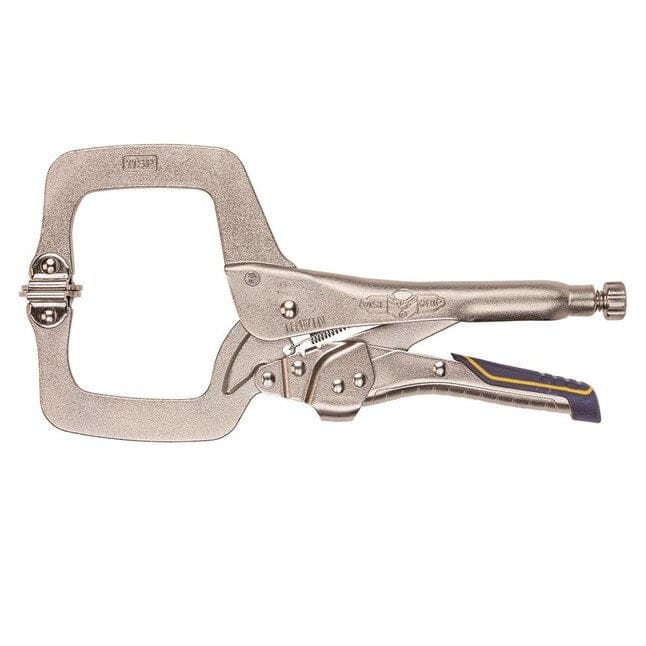  This  image shows an Irwin Locking C-Clamp. You can see the characteristic C-shaped jaw and the locking mechanism with the adjusting screw at the end of the handle. The yellow and blue accents on the handle are also typical of Irwin tools.
