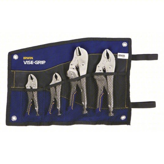 The image shows a boxed set of Irwin Vise-Grip Locking Pliers. The box clearly displays the "IRWIN. VISE-GRIP." branding and indicates it is a 4-piece set ("4 Piece | Pièce | Pieza"). You can see illustrations of the different types of locking pliers included in the set on the front of the box. The box also mentions "Fast Release" and "Includes Kit Bag".
