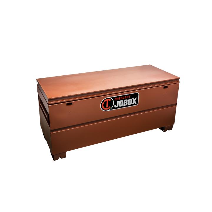Image of JOBOX 60" Tradesman Steel Chest. This is a product shot of a brown rectangular tool chest against a white background. The chest has a hinged lid, a black and orange logo that says "Crescent JOBOX", and small feet at the bottom.