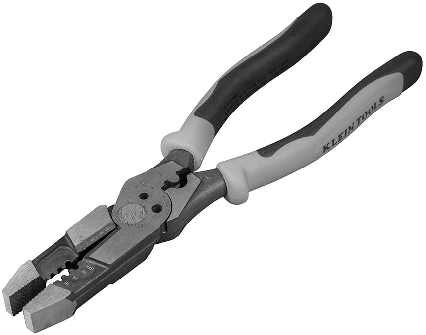Image of Klein Hybrid Pliers J215-8CR. This is an angled, top-down view of a pair of open pliers against a white background. The pliers have black and gray handles with the brand name "KLEIN TOOLS" printed on them, and the silver jaws have a textured grip surface with various size markings.