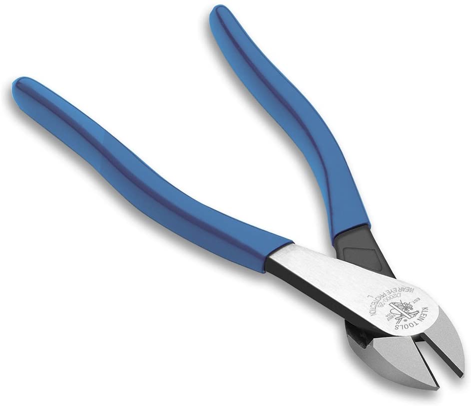 Image of Klein Diagonal Cutting Pliers, Angled Head, 8-Inch D2000-48. This is an angled, top-down view of a pair of open pliers against a white background. The pliers have bright blue handles and silver and black jaws with rounded cutting edges.