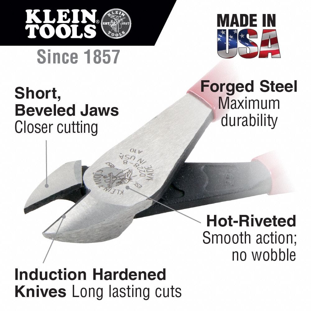 Klein Diagonal Cutting Pliers, Insulated, High Leverage, 8-Inch D228-8-INS. The image shows a close-up of the metal jaws of a pair of pliers, angled diagonally against a light background.  Text descriptions highlight features of the pliers, such as "Induction Hardened Knives" and "Forged Steel." The "Klein Tools" logo is visible at the top left, and a "Made in USA" graphic is at the top right.