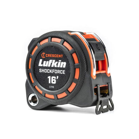 Image of Crescent Lufkin 1-3/16" x 16' Shockforce™ G1 Dual Sided Tape Measure. 
The image shows a black and orange Crescent Lufkin Shockforce tape measure. The tape measure displays the brand name, "Crescent Lufkin Shockforce", and the measurement "16'".