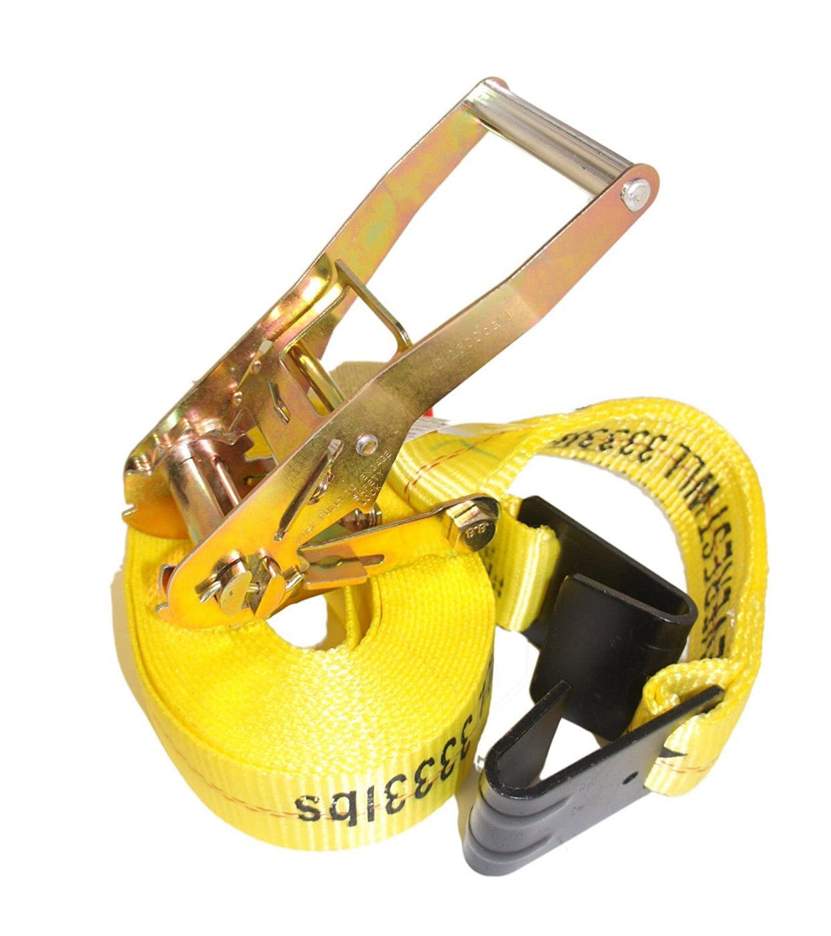 A heavy-duty M-Strap trailer ratchet strap featuring high-visibility yellow polyester webbing with a 3,333 lbs working load limit and a durable gold-tone metal ratcheting mechanism for secure cargo tie-down.