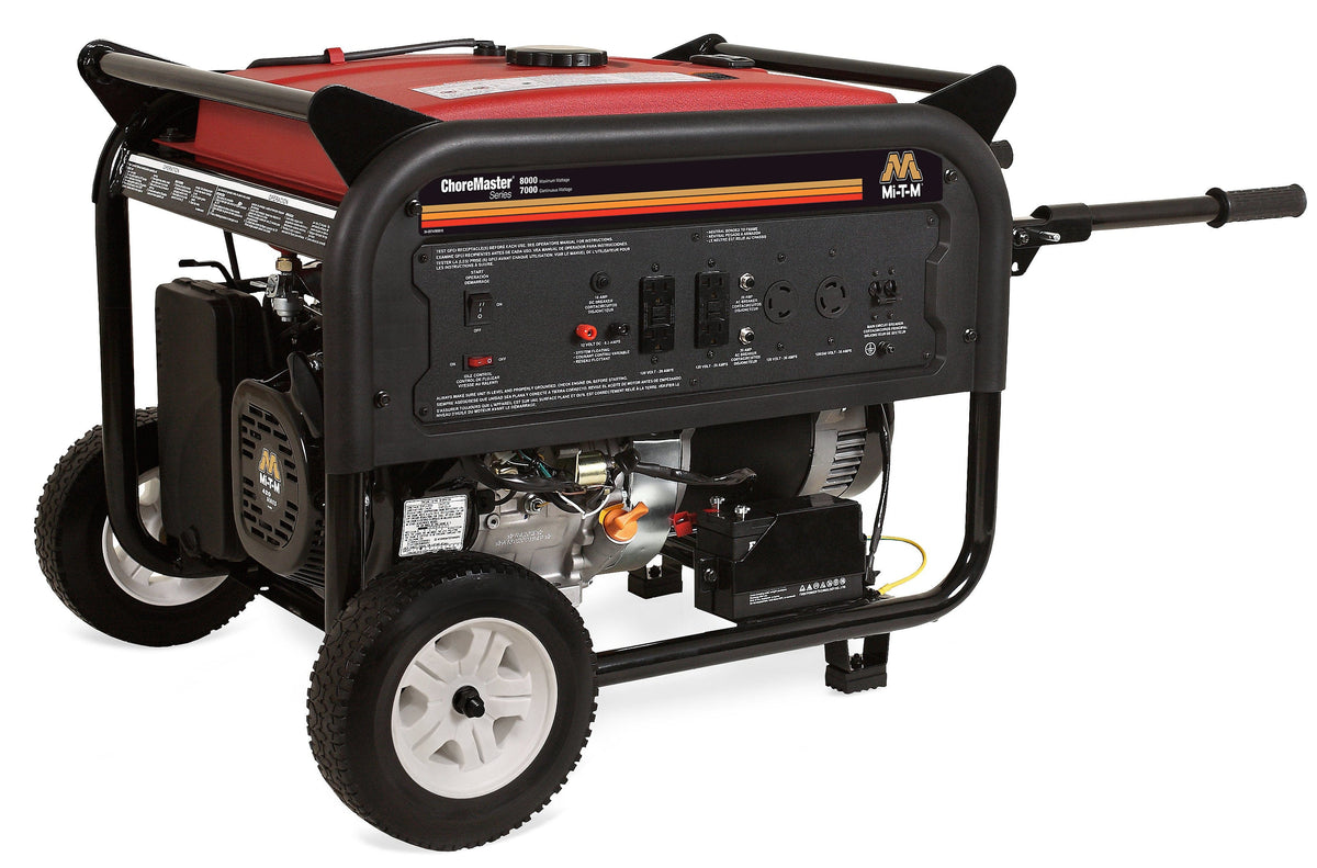 MI-T-M_GEN-8000-0MME Generator: The image shows a portable gasoline generator with a red body, black frame, and white wheels. It has a handle for easy movement and a control panel with switches and outlets. The generator is labeled "ChoreMaster Series" and "MT-M," suggesting it's a specific model designed for portable power.