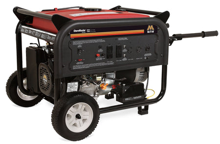 MI-T-M_GEN-8000-0MME Generator: The image shows a portable gasoline generator with a red body, black frame, and white wheels. It has a handle for easy movement and a control panel with switches and outlets. The generator is labeled "ChoreMaster Series" and "MT-M," suggesting it's a specific model designed for portable power.