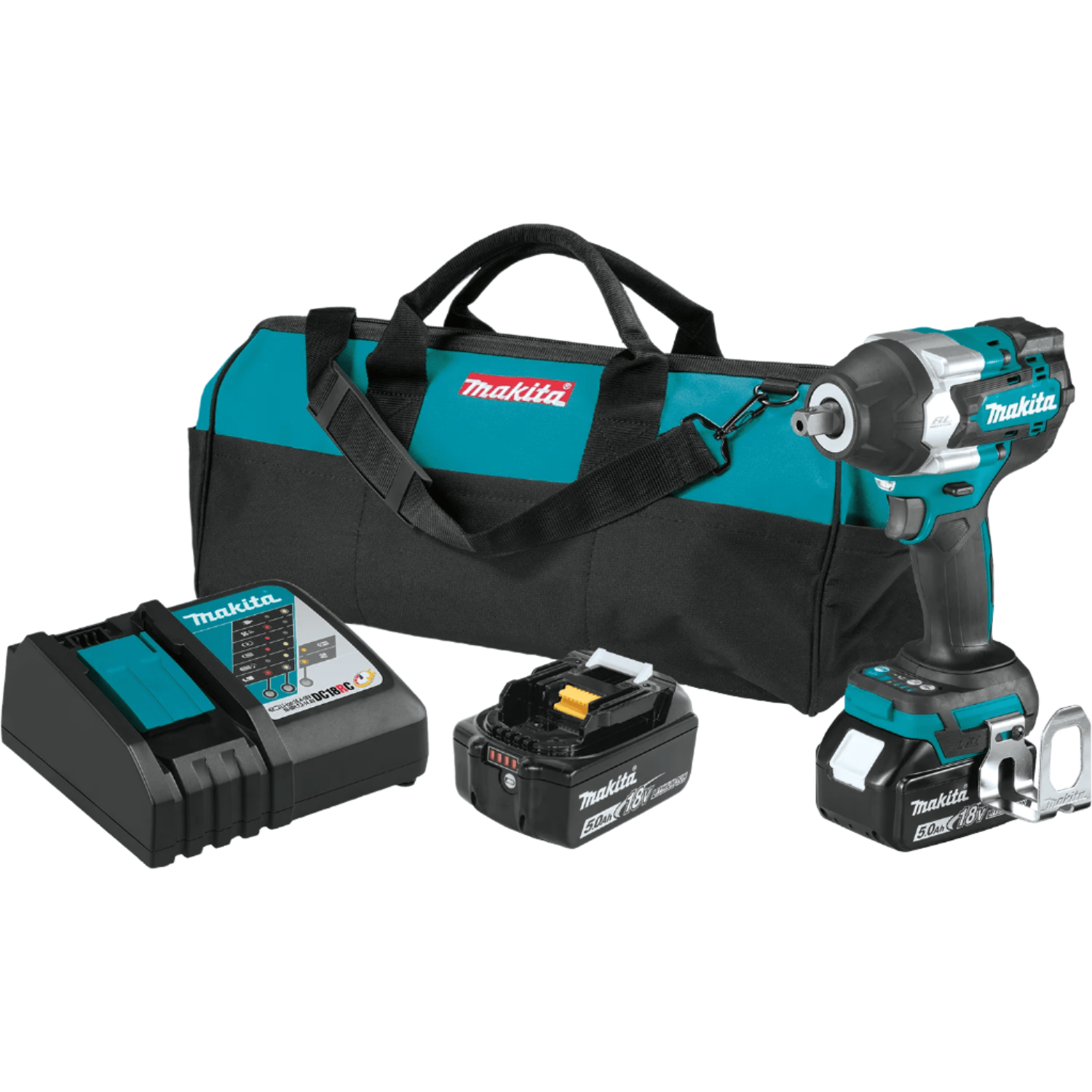Image of Makita 18V LXT® Brushless Cordless 4‑Speed Mid‑Torque 1/2" Sq. Drive Impact Wrench Kit w/ Detent Anvil (5.0Ah). The image shows a close-up of the teal carrying handle of a black and teal Makita MAKPAC tool box. The handle is rectangular with a textured black grip in the center and a series of small circular indentations along its side.
