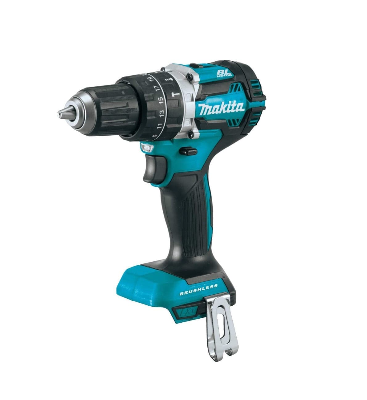 This cordless power tool has a sturdy handle and a rotating front part with numbers on it. It is teal and black and has the word "Makita" printed on its side.