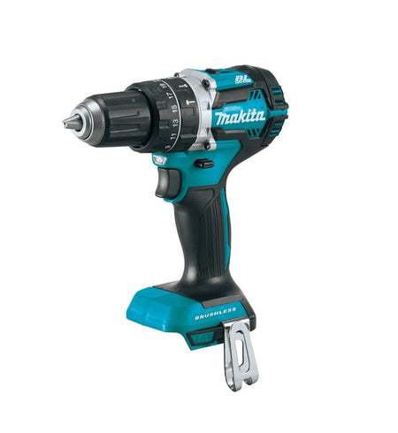 This cordless power tool has a sturdy handle and a rotating front part with numbers on it. It is teal and black and has the word "Makita" printed on its side.