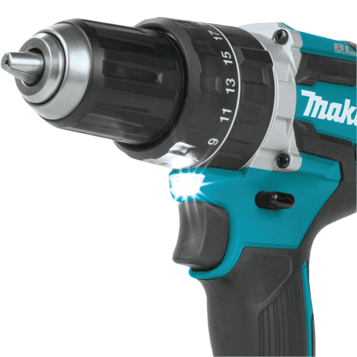 This is a close-up of a cordless drill, showing its front portion with a drill bit held in the chuck. A bright light is illuminated just above the trigger.