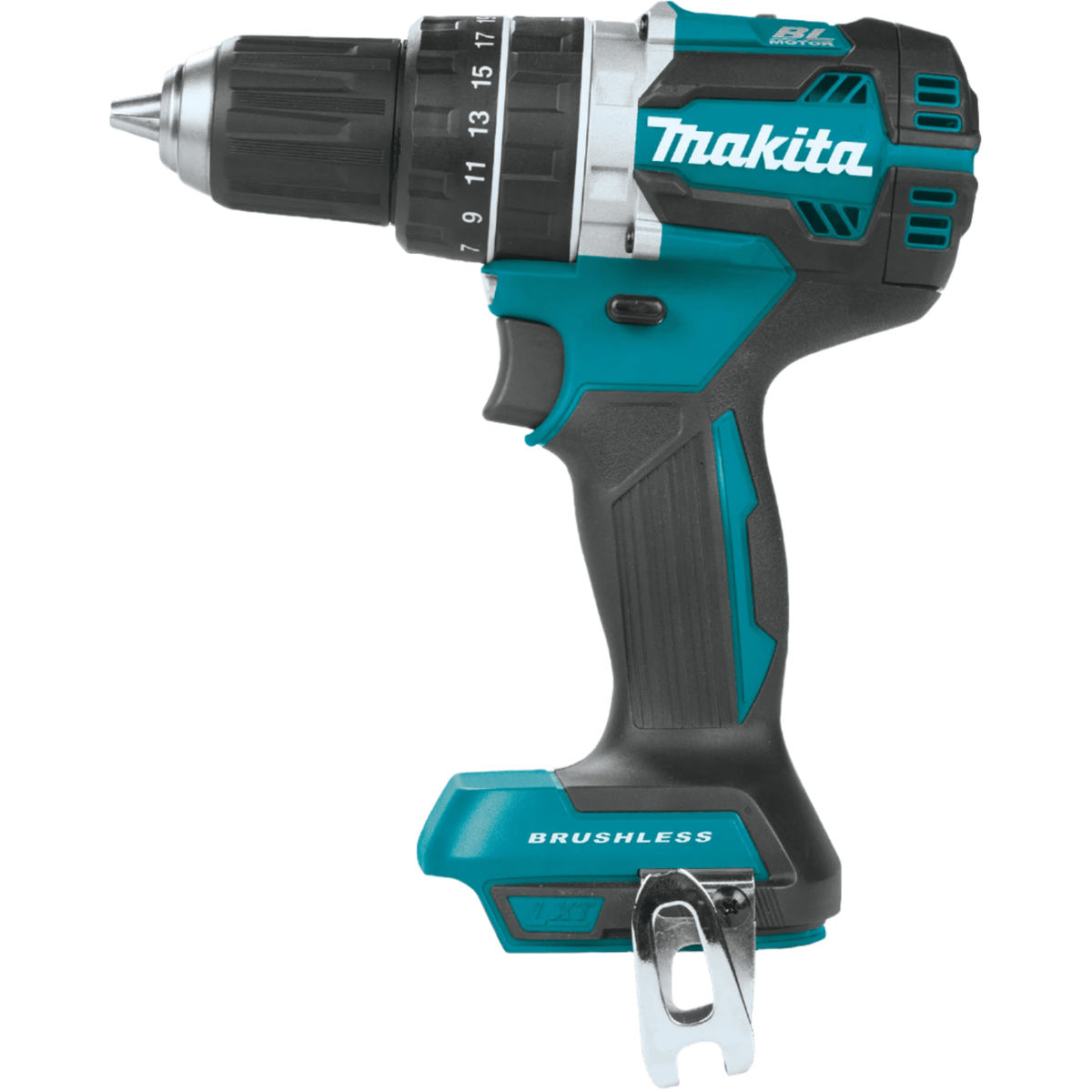 This is a teal and black cordless drill with the word "Makita" on its side. The front has a rotating part with numbers, and there's a sturdy handle at the bottom.