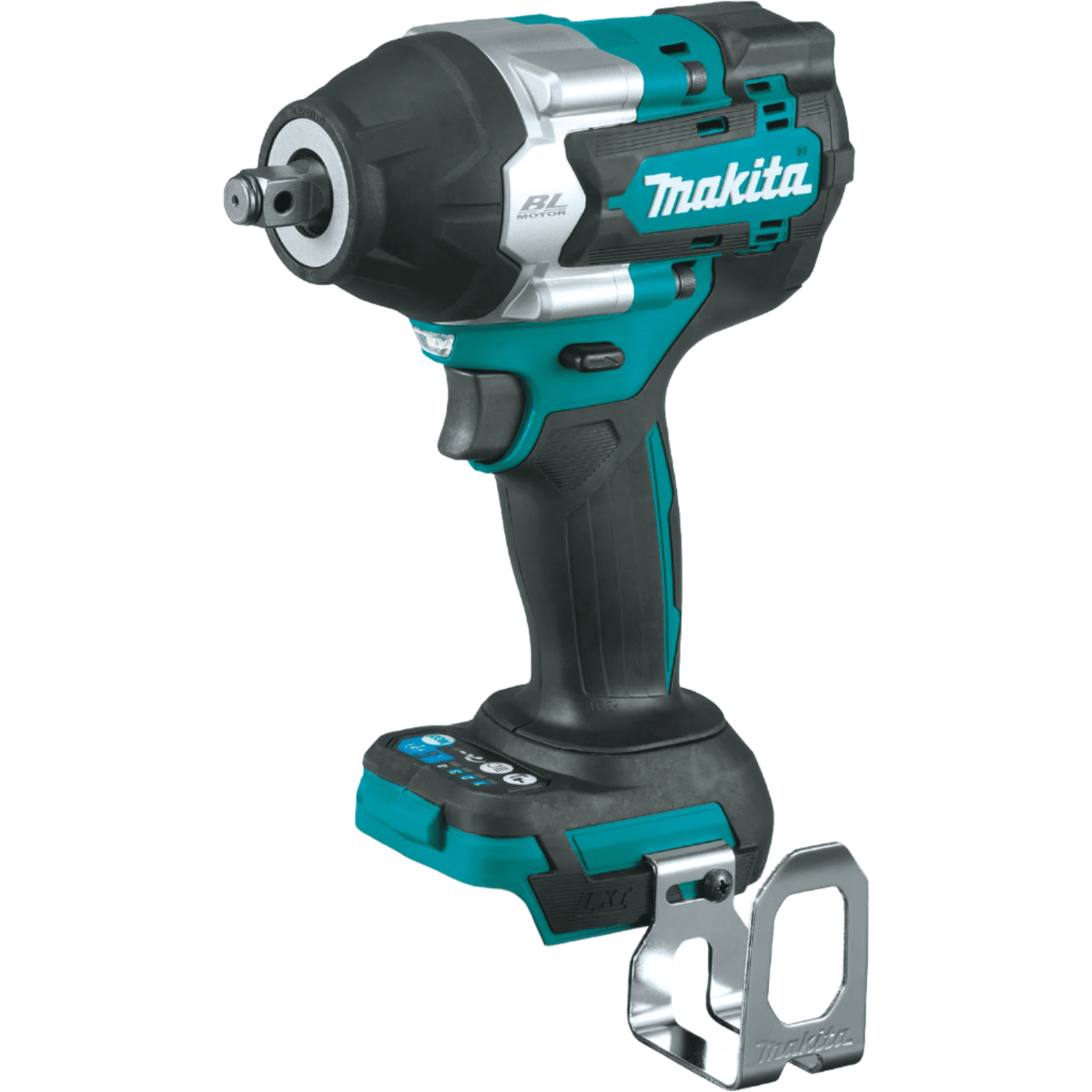 The image shows a Makita DTW700Z 18V LXT Brushless Impact Wrench. It has a teal and black body with silver accents around the motor housing. A square drive is visible at the top front, and a battery is attached to the base of the handle. A metal belt clip is also attached to the base.
