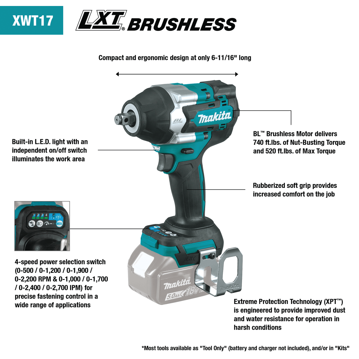  The image shows a Makita XWT17 18V LXT Brushless High-Torque 4-Speed Impact Wrench. The image highlights several features, including its compact design, brushless motor delivering high torque, rubberized soft grip, 4-speed power selection, built-in LED light, and Extreme Protection Technology (XPT) for dust and water resistance. A battery is attached to the base of the teal and black impact wrench.